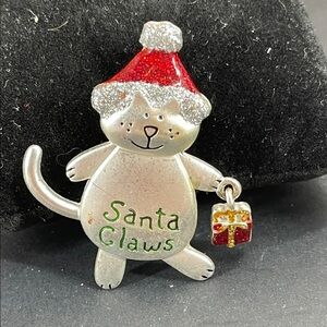 1.28.26-7 TC Santa Claws Cat Articulating Present 🎁 Brooch - Red, Silver, Green